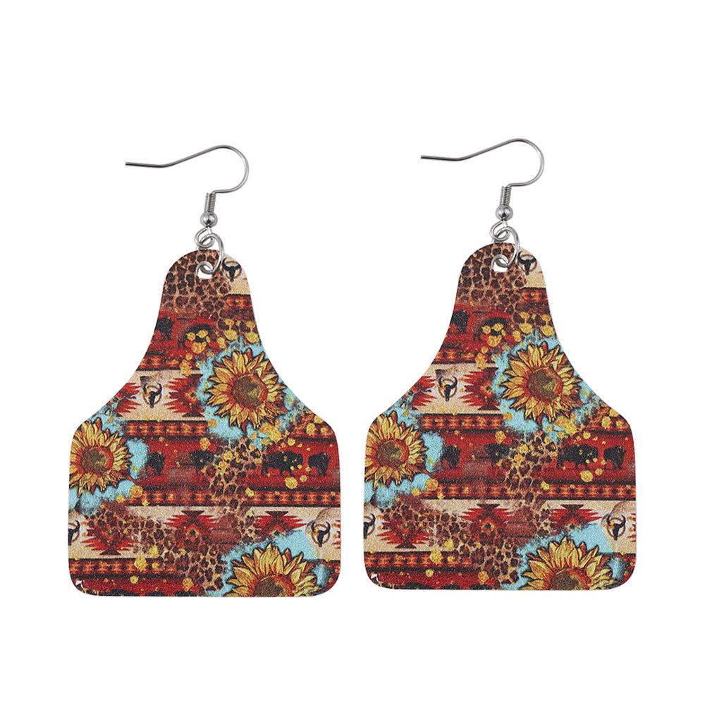 Wholesale Western Cowboy Turquoise Leopard Print  Double-Sided Leather Earrings